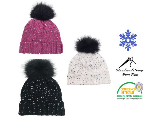 Girls Knitted Fashion Winter Beanie Hat Winter Warm Hat with Pompom & Lining